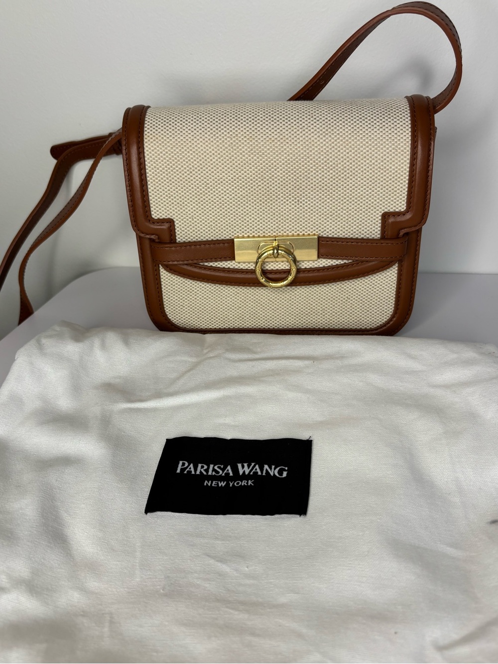 Parisa Wang Cream and Brown Leather-Trim Crossbody